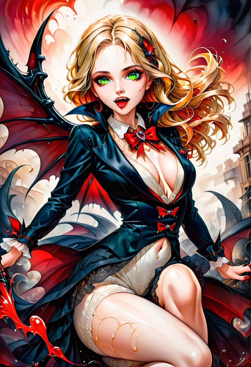 ((a photorealistic portrait of an exquisite, glamour female vampire: 1.5)) , pale face, blond hair, long vibrant shiny hair, glamorous hair, emerald green eyes, deep penetrating eyes, red lips, lustful lips, ((two vampiric fangs: 1.5), drops of blood dripping from the mouth, ((1920's style: 1.5)), (highest quality:1.2, Very detailed, up to date, Vibrant, Ultra-high resolution, High Contrast, masterpiece:1.2, highest quality, Best aesthetics), best details, best quality, highres, ultra wide angle, 16k, [ultra detailed], masterpiece, best quality, (extremely detailed), Genetically modified..., Cinematic Hollywood Film, traditional watercolor painting