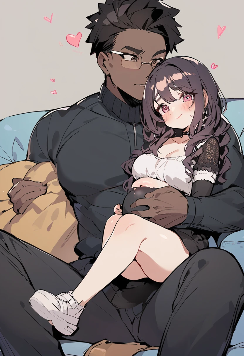 Latina squishy belly wife Black skinny husband. Heart eyes. Sitting on his lap
