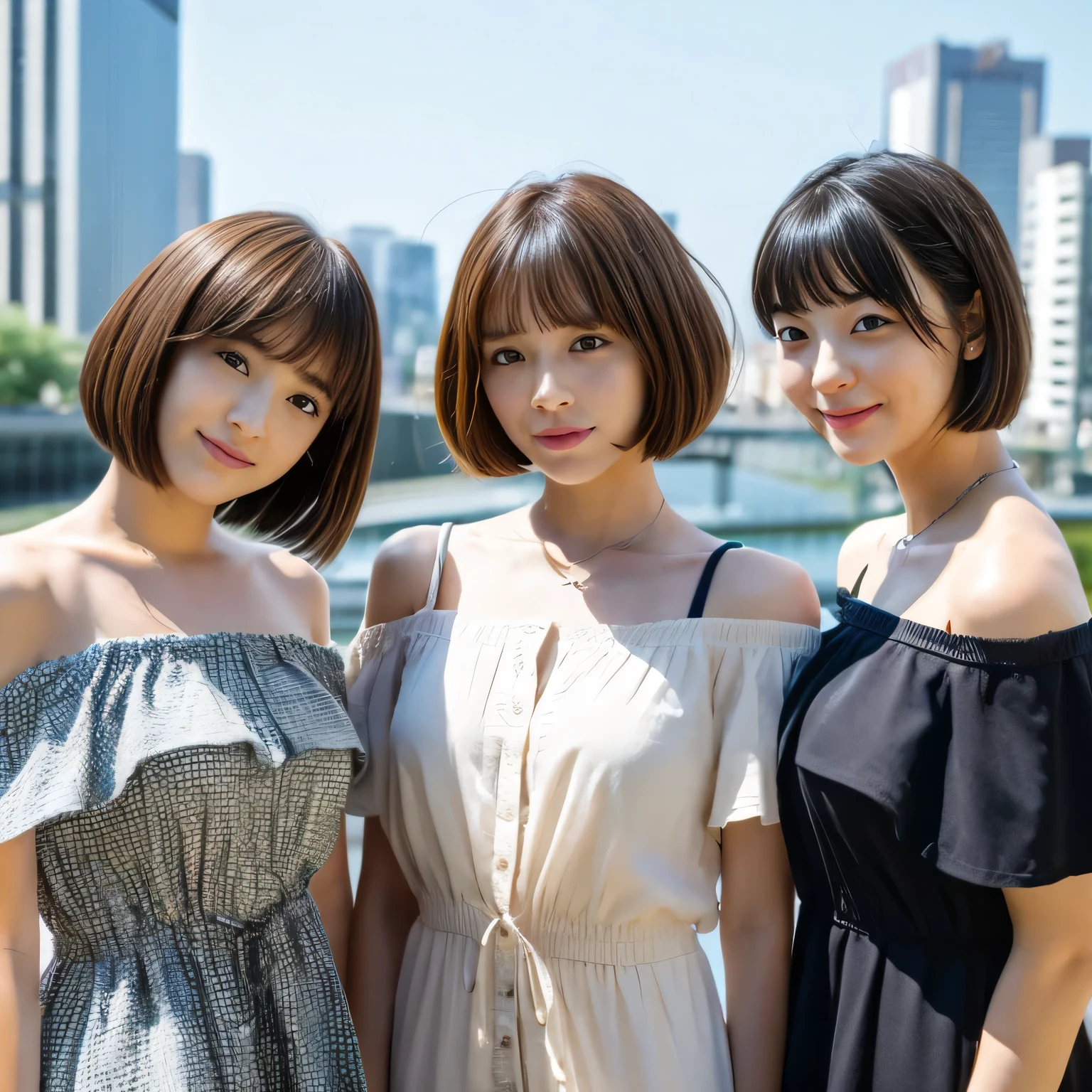 ((masterpiece))、Highest quality、High resolution、8K、A photo of three girls with different personalities together:1.745、They each have a different style of sexy off-the-shoulder shirt.、She is wearing a short dress that reveals her chest.、One of them has a very cute face and long dark brown hair.、The other one is a pretty girl with a short haircut.、And finally, a bob cut haircut with a Japanese idol face.。The background is a city view。