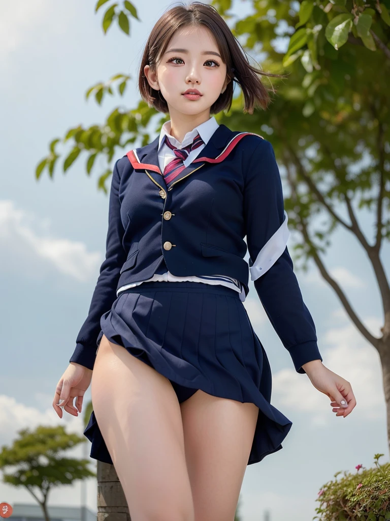 ((Best of the highest quality, 8k, Masterpiece, raw photo: 1.2)), (Sharp focus: 1.2), (1 AESPA, slim body type female, 21 y/o: 1.1), (Solo: 1.28), (realistic, photo-realistic:1.37), face focus, cute face, finely eyes, (droopy eyes: 1.32), (Emphasize prominent aegyo-sal with bright: 1.2), shimmering eyeshadow applied under the lower lash line, paired with thick, (small , flat , Thigh: 1.3), (short messy hair: 1.28), (wearing navy blazer school uniform, skirt: 1.32), (ribbon: 1.1), walking terrace dining, flower, (skirt is rolled up by the wind, from below: 1.16)