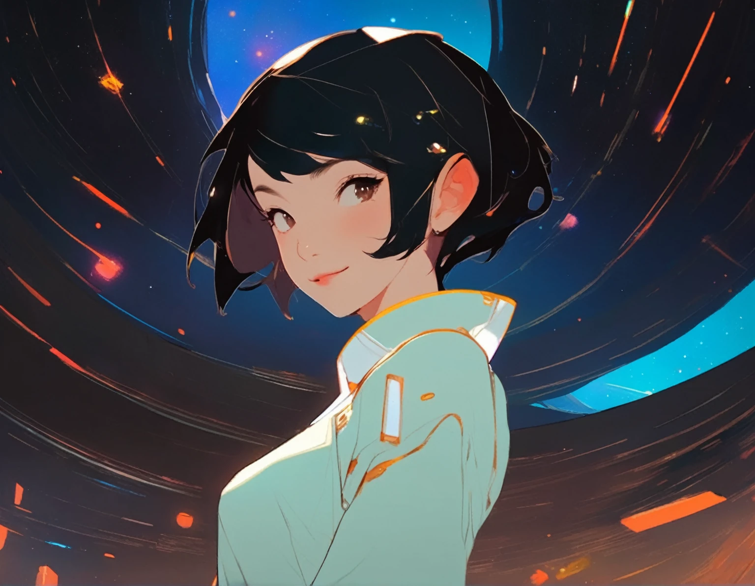 (masterpiece, best quality), androgynous person, short black hair, scifi spaceship background, utopia, playful wink, smiling, asian, 2D, facing the viewer, brown eyes, portrait