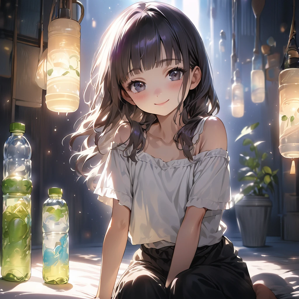 (Cute a girl:1.5), (Off-the-shoulder white plain T-shirts, black sarouel pants:1.1),(masterpiece:1.3), anime visual, (Lovey-dovey:1.5), (tilt head:1.3), extremely delicate face, realistic lighting and shading, (an extremely delicate and beautiful art:1.3),15 years old,smiling,pale purple wavy and blunt bangs hair,green and black eyes,smiling,from front,fullbody shot,full body shot,At a night lesson, with sports towels around their necks and drinking water from plastic bottles,night lit,
