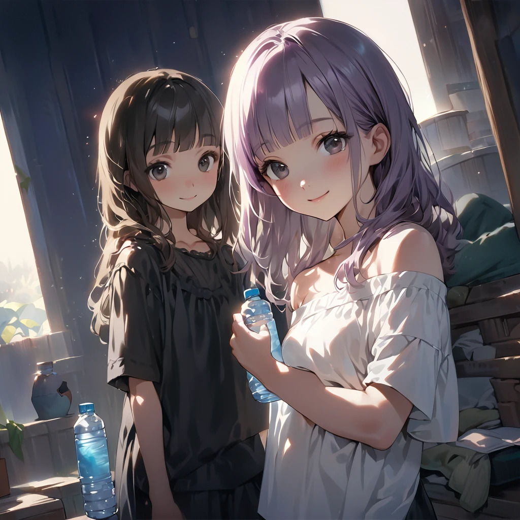 (Cute a girl:1.5), (Off-the-shoulder white plain T-shirts, black sarouel pants:1.1),(masterpiece:1.3), anime visual,  (Lovey-dovey:1.5), (tilt head:1.3), extremely delicate face, realistic lighting and shading, (an extremely delicate and beautiful art:1.3),15 years old,smiling,pale purple wavy and blunt bangs hair,green and black eyes,smiling,from front,fullbody shot,full body shot,At a night lesson, with sports towels around their necks and drinking water from plastic bottles,night lit,