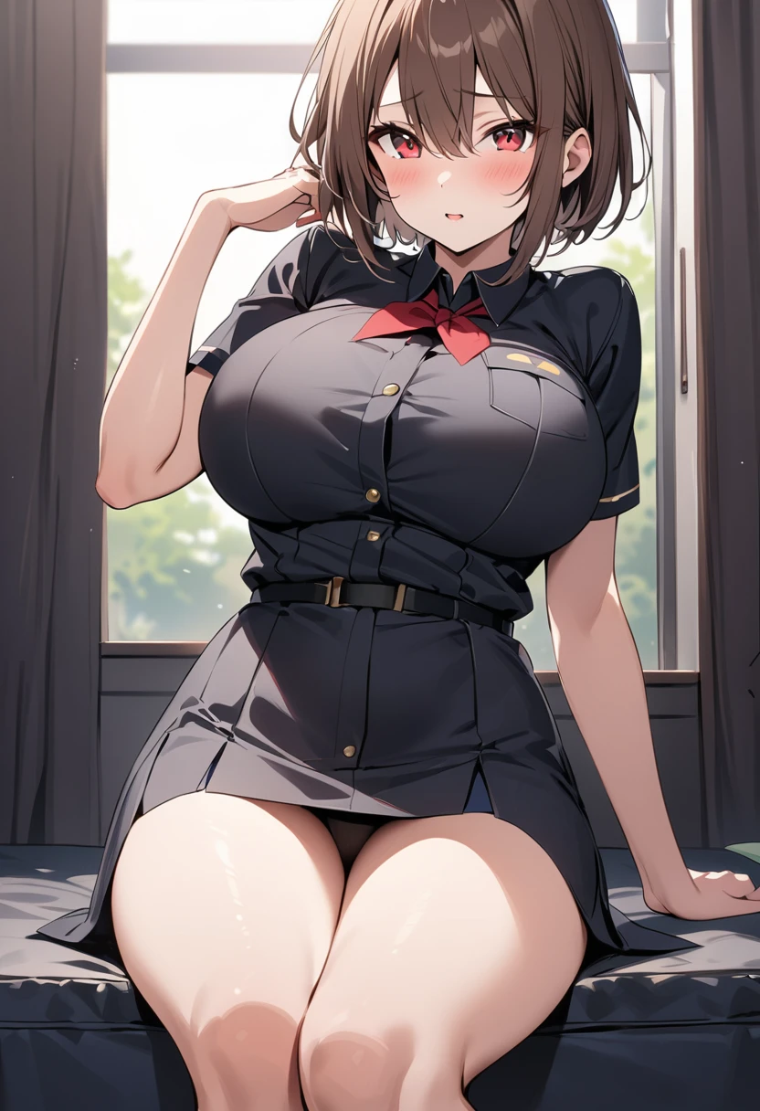 masterpiece、Highest quality、Best image quality、High resolution、Big Breasts、Brown Hair、Red Eyes、short hair、Black Uniform、Unbranded uniform