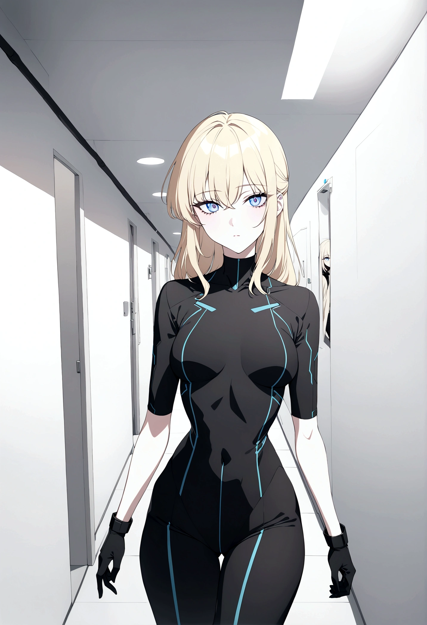 (masterpiece, 32k, 8k, white laboratory corridor setting, character walking towards the viewer) woman, 26 years old, naturally beautiful face, long blonde hair with pink streaks, tight black clothes in cyberpunk style, eyes of different colors, one blue eye and another gray eye