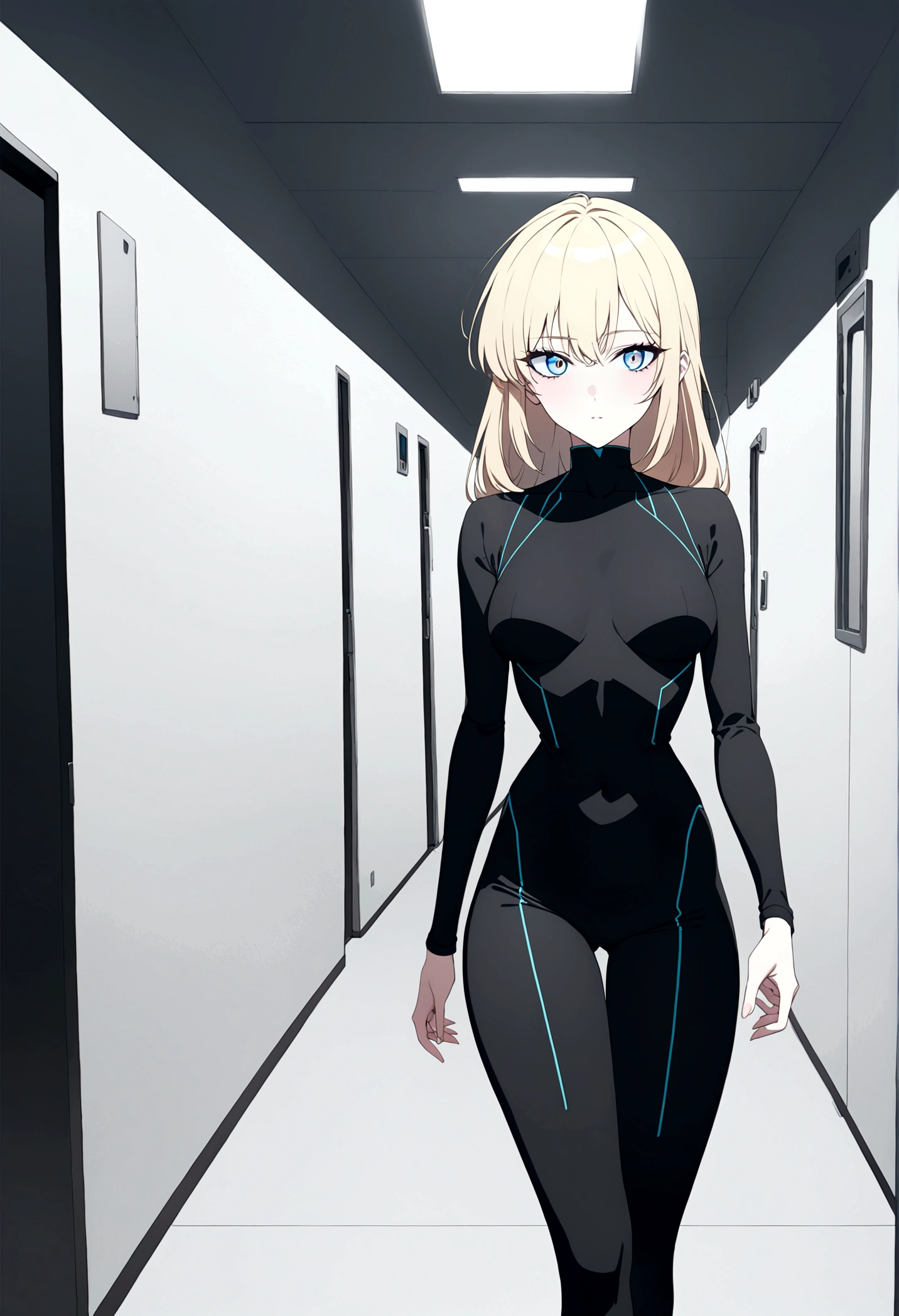 (masterpiece, 32k, 8k, white laboratory corridor setting, character walking towards the viewer) woman, 26 years old, naturally beautiful face, long blonde hair with pink streaks, tight black clothes in cyberpunk style, eyes of different colors, one blue eye and another gray eye