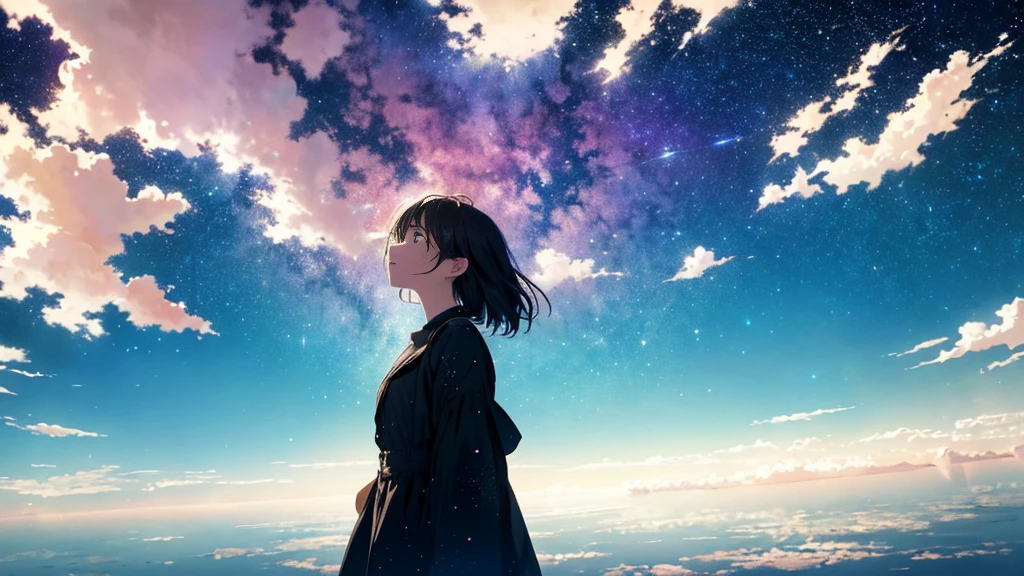 absurdity, high resolution, (official art, beautiful and aesthetic: 1.2), close view, sparkling sky, vast world,((1 girl)), staring, awe-inspiring expression, distant horizon, clouds, natural beauty, inspiration, light effect, wide shot, from afar,beautiful woman