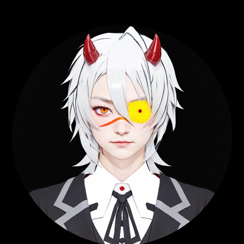 Japanese boy character with red horns and yellow eye patch in black circle, hajime yatate, neferpitou, handsome japanese demon boy, portrait gapmoe yandere grimdark, a silver haired mad, trigger anime artstyle, fit male demon with white horns, gapmoe yandere grimdark, wataru kajika, portrait demon half human, vector shaded anime
