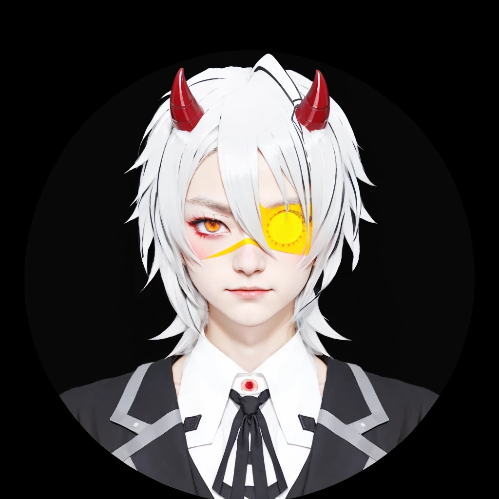 Japanese boy character with red horns and yellow eye patch in black circle, hajime yatate, neferpitou, handsome japanese demon boy, portrait gapmoe yandere grimdark, a silver haired mad, trigger anime artstyle, fit male demon with white horns, gapmoe yandere grimdark, wataru kajika, portrait demon half human, vector shaded anime
