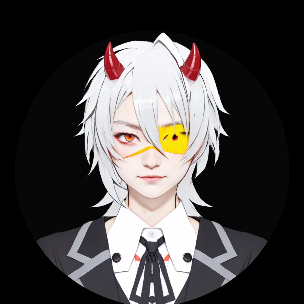 Japanese boy character with red horns and yellow eye patch in black circle, hajime yatate, neferpitou, handsome japanese demon boy, portrait gapmoe yandere grimdark, a silver haired mad, trigger anime artstyle, fit male demon with white horns, gapmoe yandere grimdark, wataru kajika, portrait demon half human, vector shaded anime