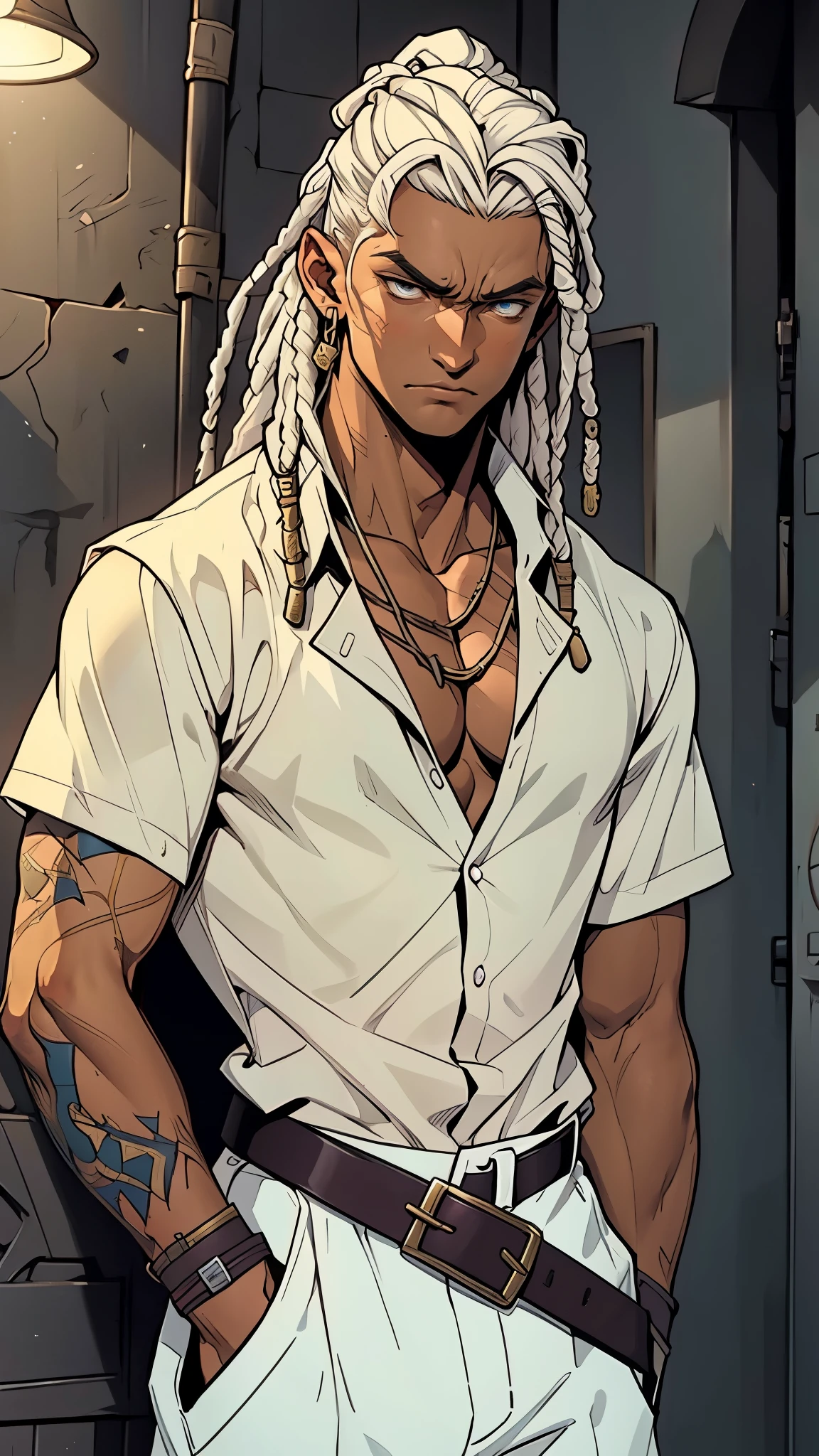 A young man with long white dreadlocks, dark skin, a melancholic expression, drooping eyelids and eyebrows, a lean face, a thin yet sturdy build, a tattered and ill-fitting light blue fantasy-style adventurer's shirt with short sleeves, revealing his abs, a silver breastplate on his left chest, a large sword is strapped to his back, a yellow belt, white coarse cloth trousers, stands nervously in a fantasy-style western town, this character embodies a finely crafted fantasy-style adventurer in anime style, exquisite and mature manga art style, dramatic, high definition, best quality, highres, ultra-detailed, ultra-fine painting, extremely delicate, professional, perfect body proportions, golden ratio, anatomically correct, symmetrical face, extremely detailed eyes and face, high quality eyes, creativity, RAW photo, UHD, 32k, Natural light, cinematic lighting, masterpiece-anatomy-perfect, masterpiece:1.5