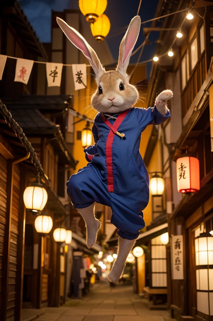 "A hyper-realistic yet Pixar-style cute image of an anthropomorphic rabbit dressed as a ninja. The rabbit has a human-like body but retains adorable rabbit features and soft, expressive fur, wearing a small-sized traditional ninja outfit with a mask and holding a tiny shuriken. The setting is a quaint, animated Japanese village at night with wooden buildings, colorful lanterns, and a playful, whimsical atmosphere."
