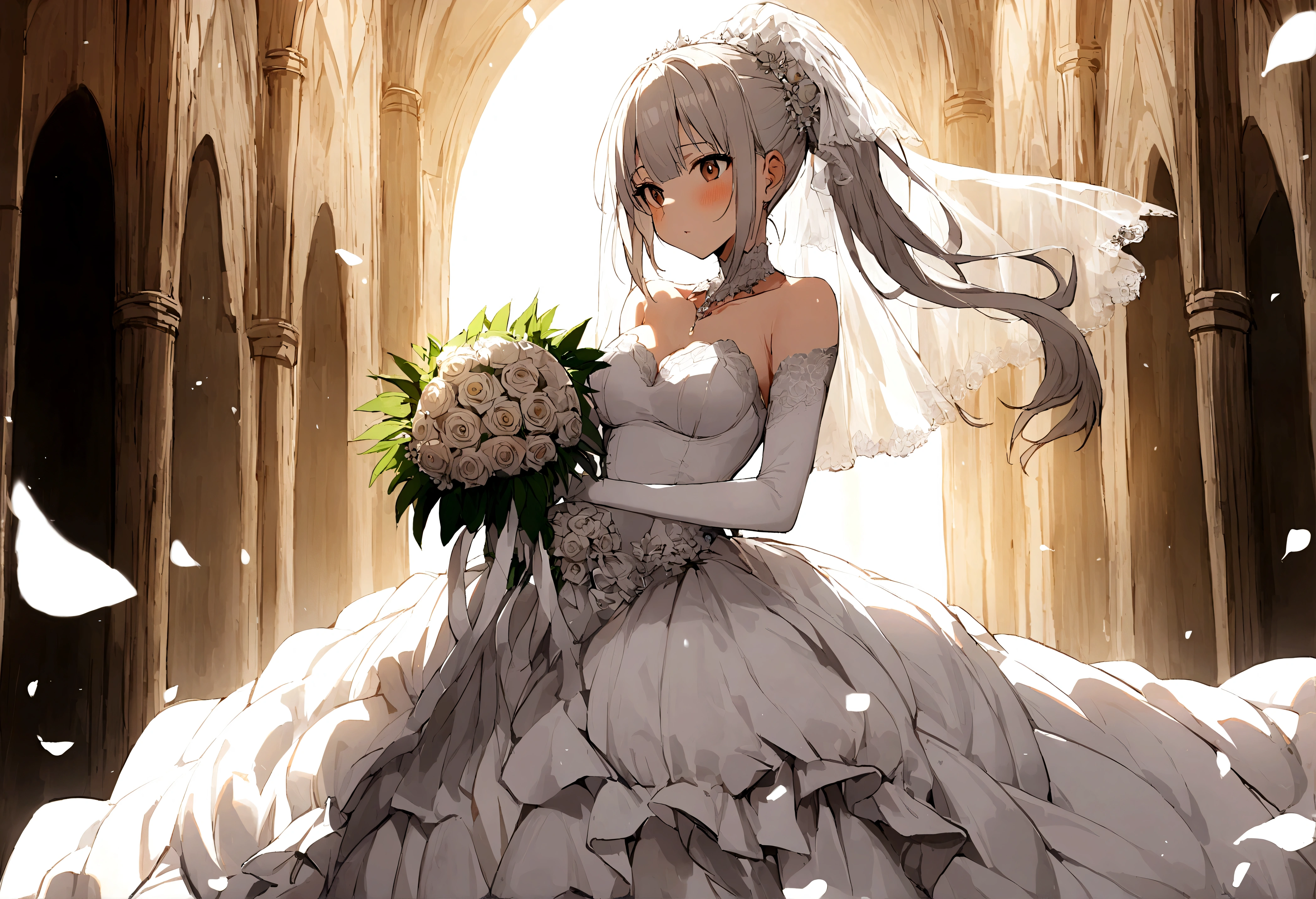 1 girl,Kasugano Sora, Sora,white pantyhose,wedding dress,white gray hair,long double ponytail,bridal bouquet,wedding veil