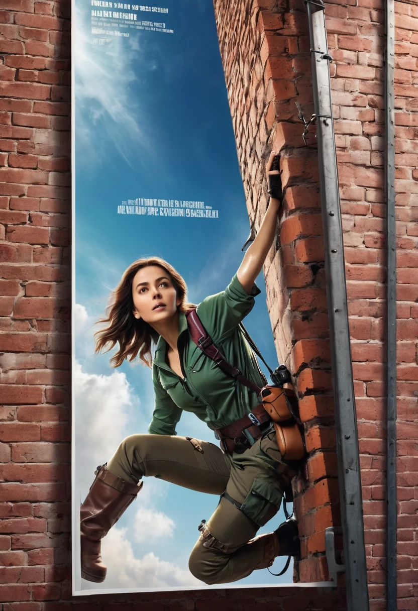 The photo was taken with a smartphone, a female heroine of the film climbs out of a large poster on a brick wall