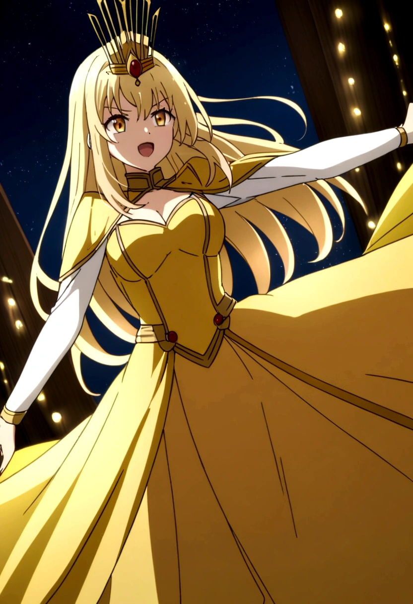 Girl, flowing golden blonde hair, yellow eyes, golden imperial outfit, neckline, anime, the background is a clear sky with twinkling lights, dynamic angle, arrogant laughter
