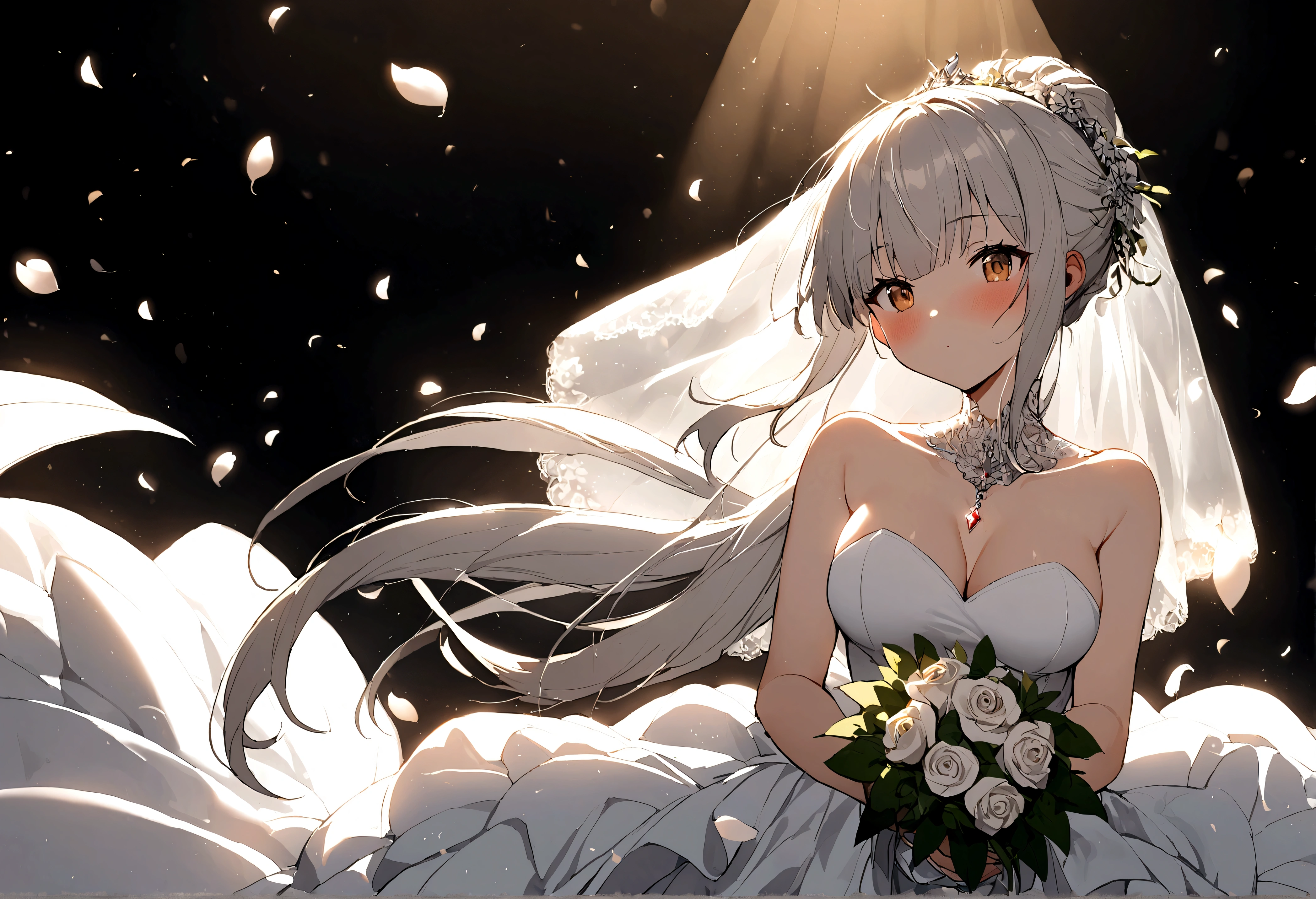 1 girl，Kasugano Sora， Sora，white pantyhose，wedding dress，white gray hair，long double ponytail，bridal bouquet，wedding veil