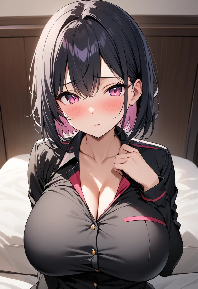 masterpiece、Highest quality、Best image quality、High resolution、、Black Hair、Pink Eyes、Very Short Hair、Black Uniform、Unbranded uniform
