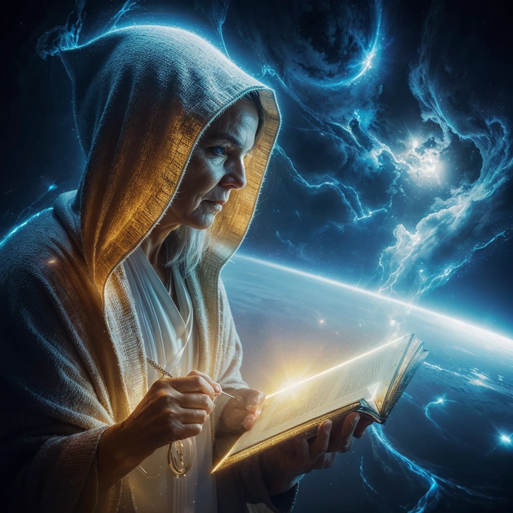 An elderly being of light, with a beautiful angelic face. Taking note of the event, he wears a bright hooded tunic. Photorealism, full view, highly detailed image, very realistic, hyperrealism, Ultra HD, 8k, 5, sharp focus, intricate and mysterious masterpiece. (Long exposure photography Highly detailed close-up portrait art illustration: final quality, medium shot, backlit, Rich and eye-catching. Enigmatic and mysterious manipulations (composition of the rule of thirds), ((detailed environment with strong lines) The best quality, in camera, white light, warm and clean aesthetics, dazzling screen composed of millions of brilliant ultraviolet rays, HDR.