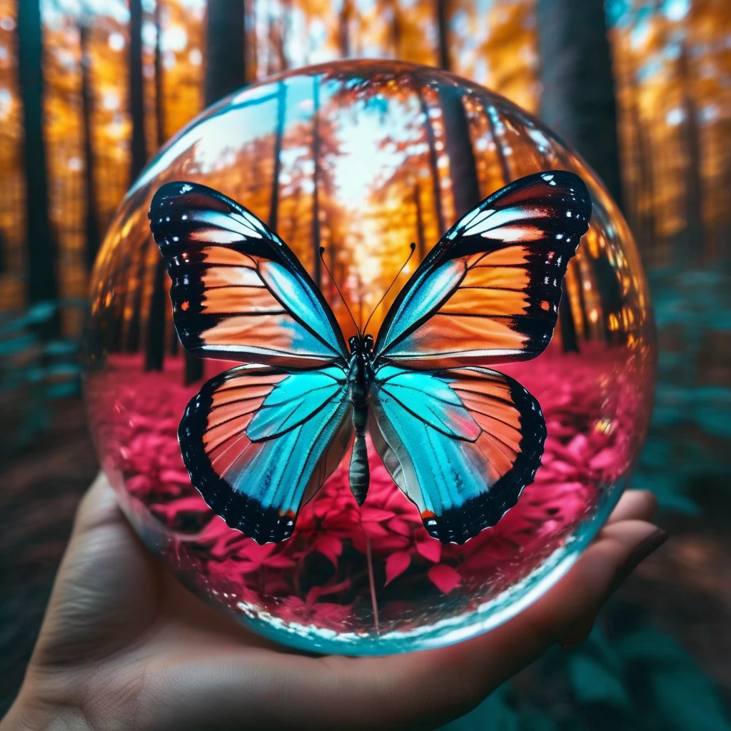A glass-like transparent butterfly takes a selfie in a neon-colored forest, Fisheye effect style, Staring into a spherical lens, Cry, hidden object pictures, Tilt Shift,