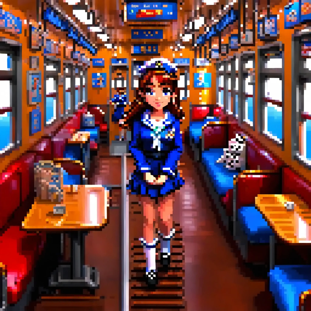 Create 3D Pixar-style cartoon scenes,,Wearing a sailor uniform,The girl in front of me,Sitting and sleeping on a train,