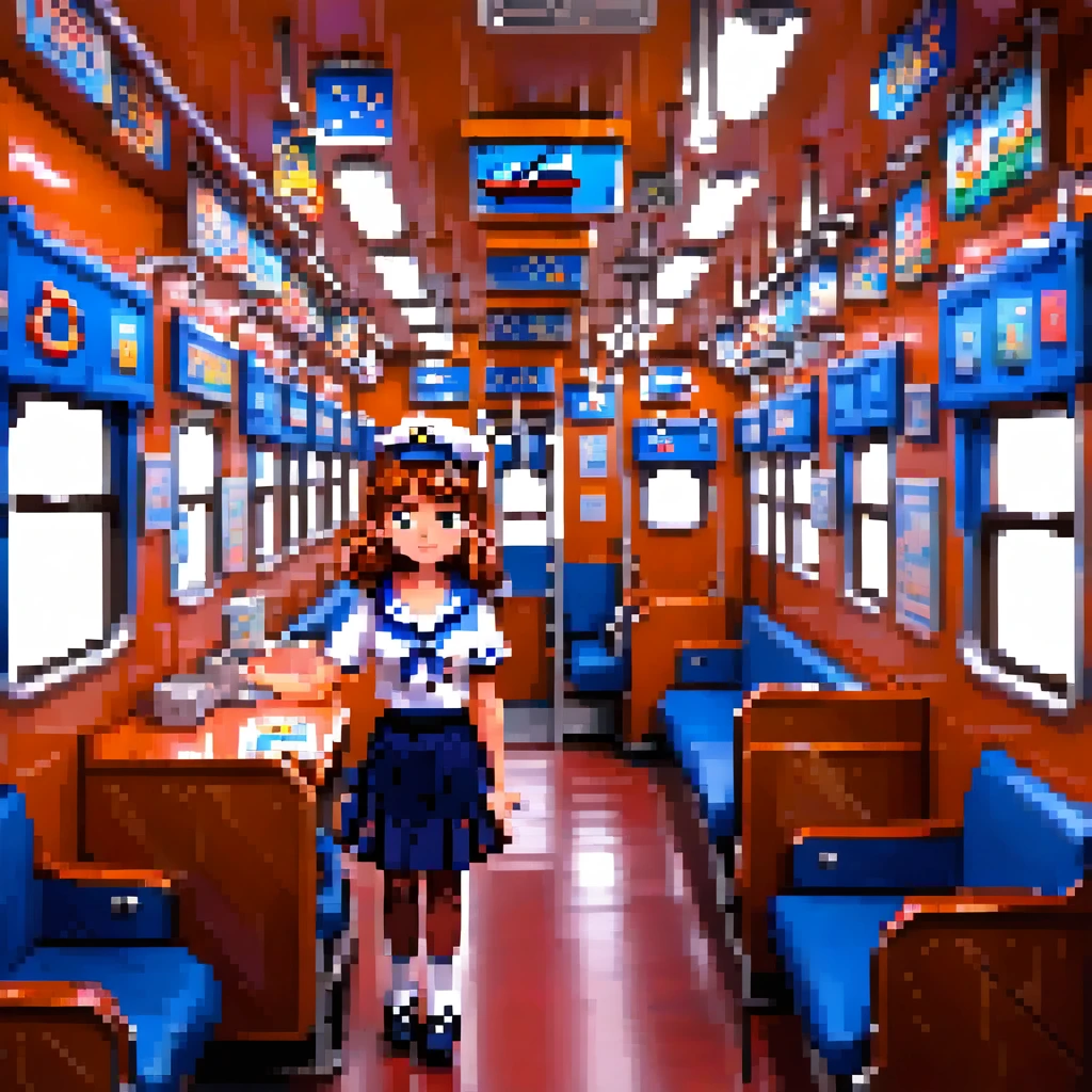 Create 3D Pixar-style cartoon scenes, ,Wearing a sailor uniform,The girl in front of me,Sitting and sleeping on a train.