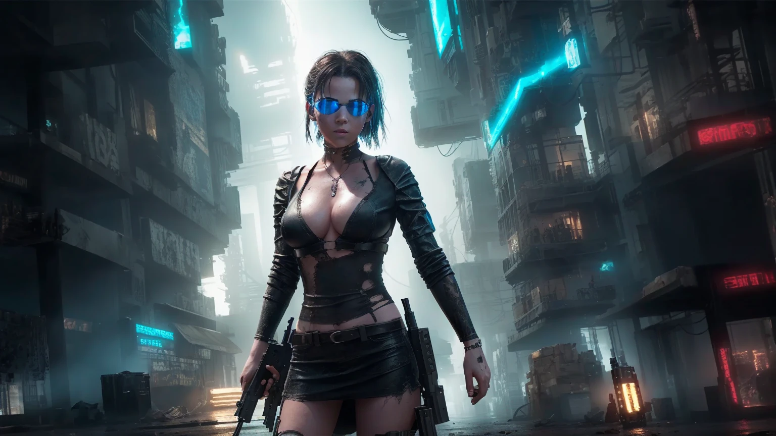 Close-up, a beautiful French woman, tattered clothes, wild long hair, tattered clothes , cleaveage, action movie scene, Dystopian Dinner Cinematic Blade Runner, natta, busy with neon signs, blade runner aesthetics,  film cinematography, gangue trash, attractive person, High emphasis on detail, wearing weather technology equipment, gangue trash, full of life, gangue trash, action movie shot by Kon Satoshi, style semi impasto, dark ink, Atmospheric, Ablaze, lighting dramatic, Beautiful  eyes, symmetric eyes, perfects eyes. Matrix style, (((Matrix cascading code))), (((a futuristic twin tower skyscraper with a unique twisted design))), (((OLED GUI interfaces in the building))), at night, (((((1girl, solo))))), photo realistic, (((((((large-breast:1.1 slim body, cleavage:1.4))))))), (((((off broken mini sling-shirt and black sling , extreamly short pleated  exposing ))))), (((((running pose))))), (((((((matrix style black micro sunglasses))))))), ((((((((((aiming with a short gun)))))))))), (((((looking at camera))))), (((very low view))), (((((half-body thigh level medium shot))))), (((cinematic lighting))).