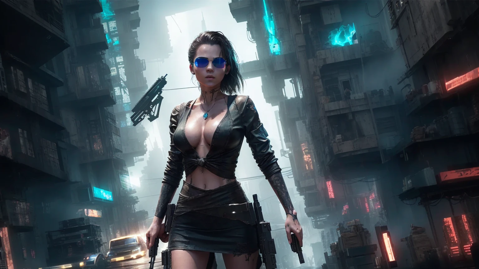 Close-up, a beautiful French woman, tattered clothes, wild long hair, tattered clothes , cleaveage, action movie scene, Dystopian Dinner Cinematic Blade Runner, natta, busy with neon signs, blade runner aesthetics, film cinematography, gangue trash, attractive person, High emphasis on detail, wearing weather technology equipment, gangue trash, full of life, gangue trash, action movie shot by Kon Satoshi, style semi impasto, dark ink, Atmospheric, Ablaze, lighting dramatic, Beautiful eyes, symmetric eyes, perfects eyes. Matrix style, (((Matrix cascading code))), (((a futuristic twin tower skyscraper with a unique twisted design))), (((OLED GUI interfaces in the building))), at night, (((((1girl, solo))))), photo realistic, (((((((large-breast:1.1 slim body, cleavage:1.4))))))), (((((off broken mini sling-shirt and black sling bra, extreamly short pleated miniskirt exposing panty))))), (((((running pose))))), (((((((matrix style black micro sunglasses))))))), ((((((((((aiming with a short gun)))))))))), (((((looking at camera))))), (((very low view))), (((((half-body thigh level medium shot))))), (((cinematic lighting))).