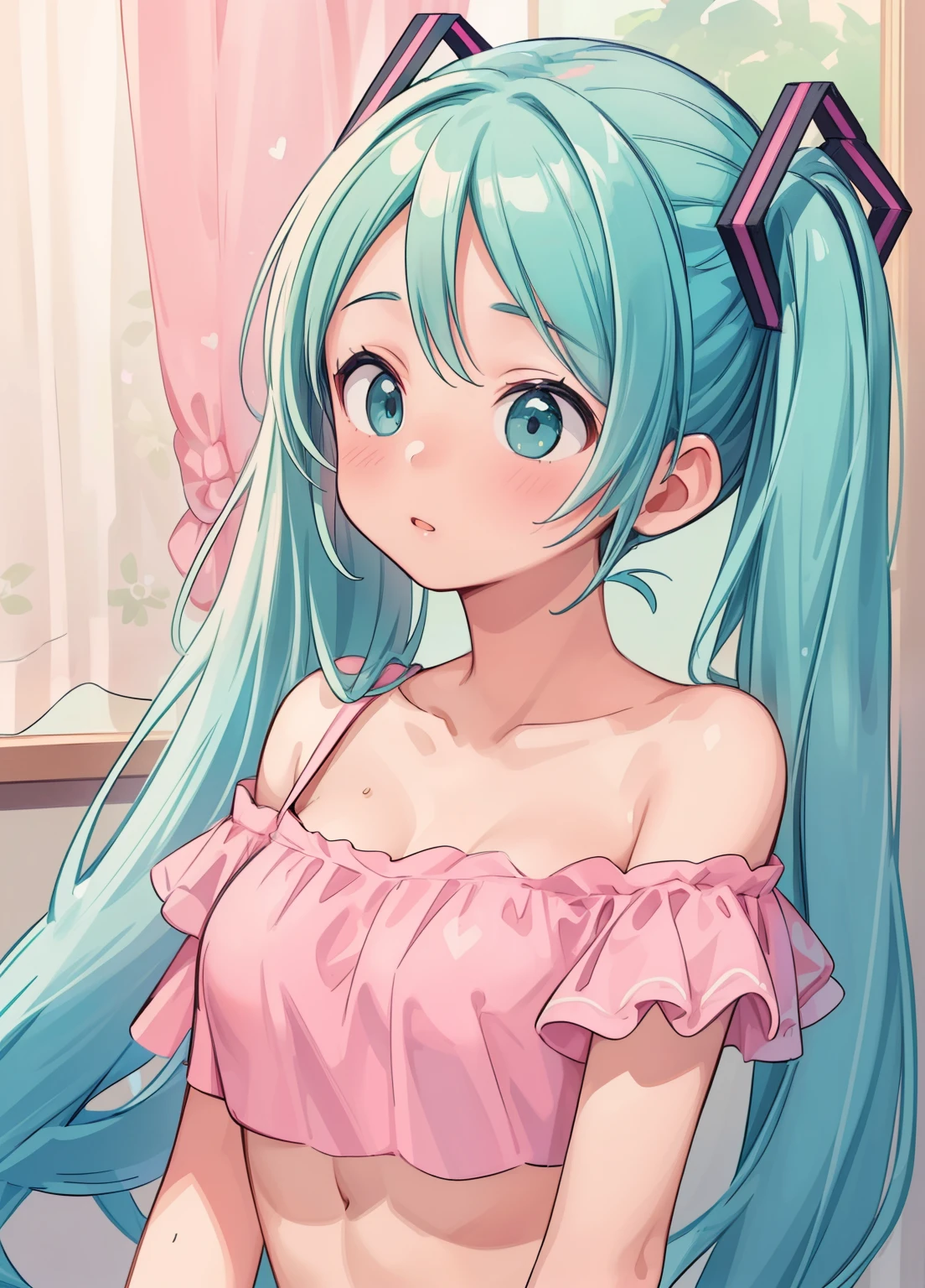 (masterpiece、Highest quality、Highest quality、Official Art、Beautiful and beautiful:1.2)、(One girl:1.3)Hatsune Miku、Twin tails,Beautiful breasts,((Attention to detail)),(Super detailed), Highly detailed CG Unity 8k wallpaper,Highest quality, Tabletop, Emily_t8, Off the shoulder, Pink Crop Top,