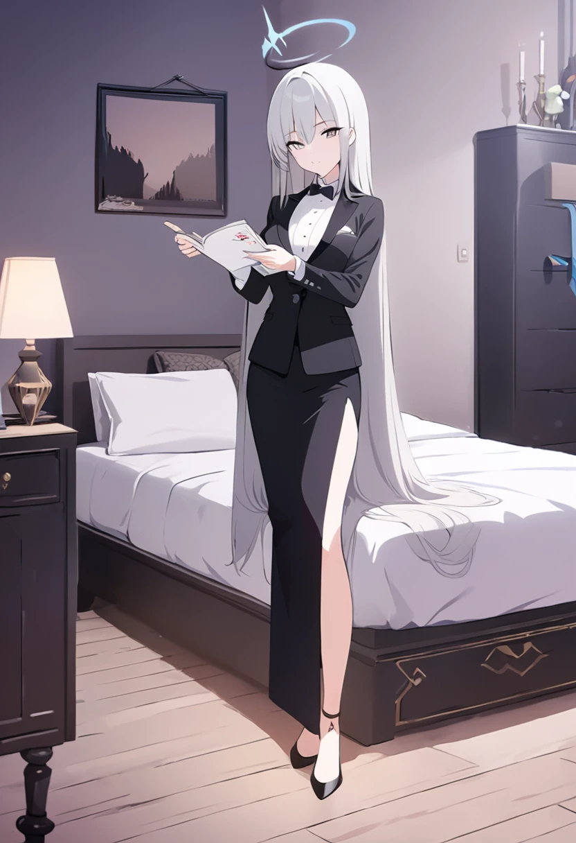((masterpiece)), (Highest quality), (Simple style), Silver hair Straight hair Full body Bedroom Magician