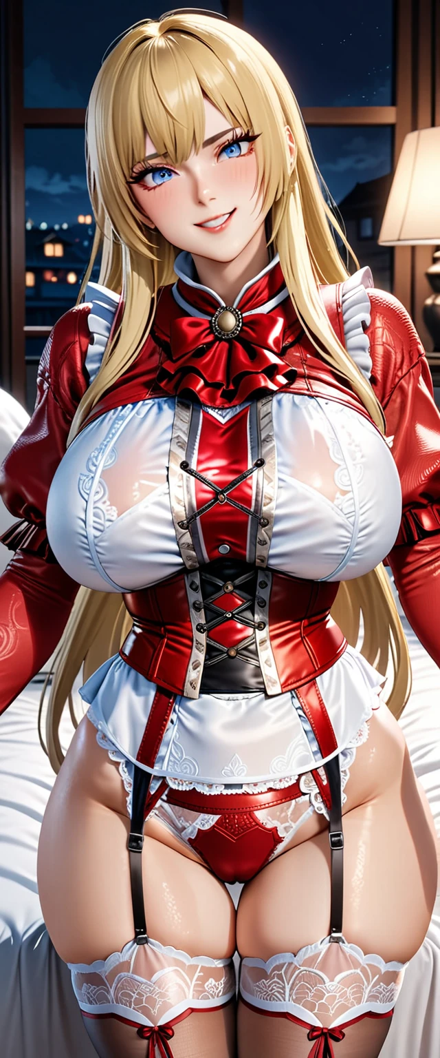 masterpiece, Highest quality, Tekken 8_Yuri, blue eyes, Blonde, Long Hair, On the bed、night、So big huge big、garter belt、((One person))、from the front、Red cheeks、smile