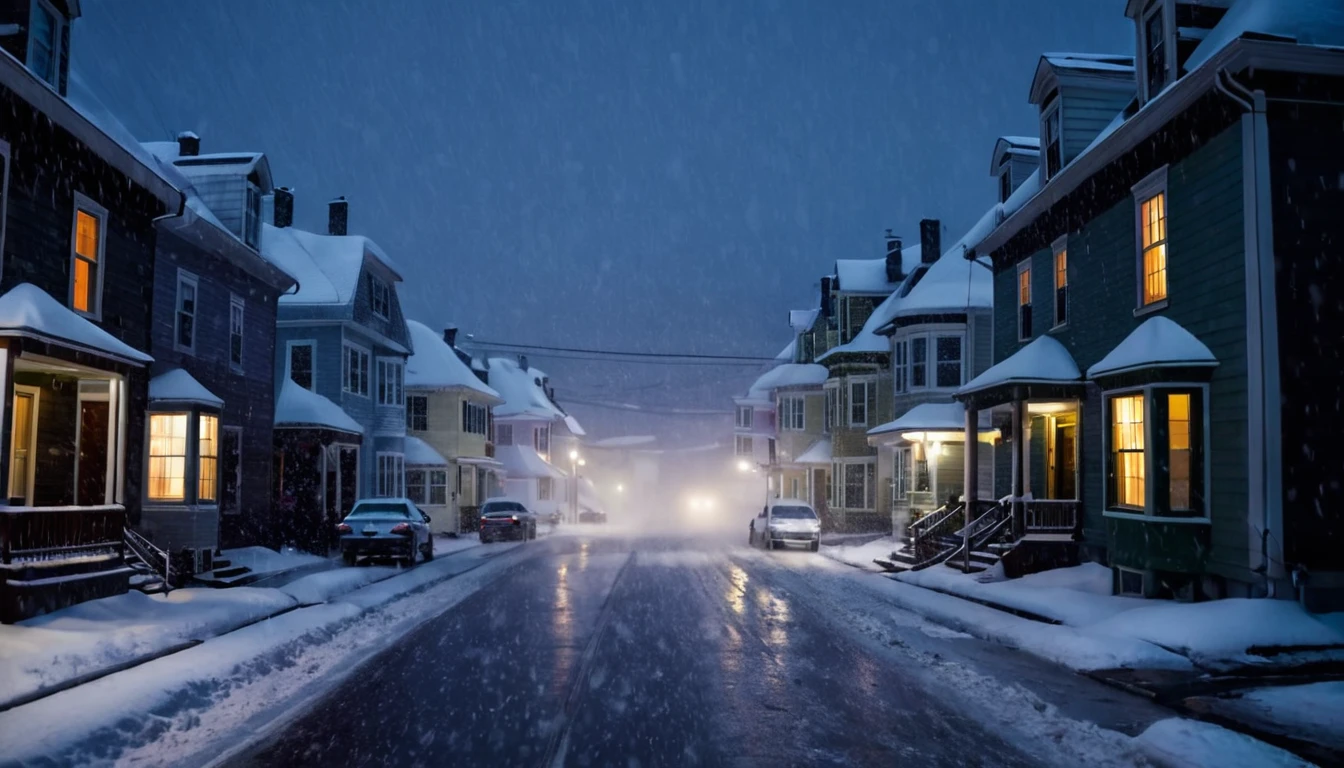 car moving, street with several, houses, blizzard, falling snow, dark night, ominous