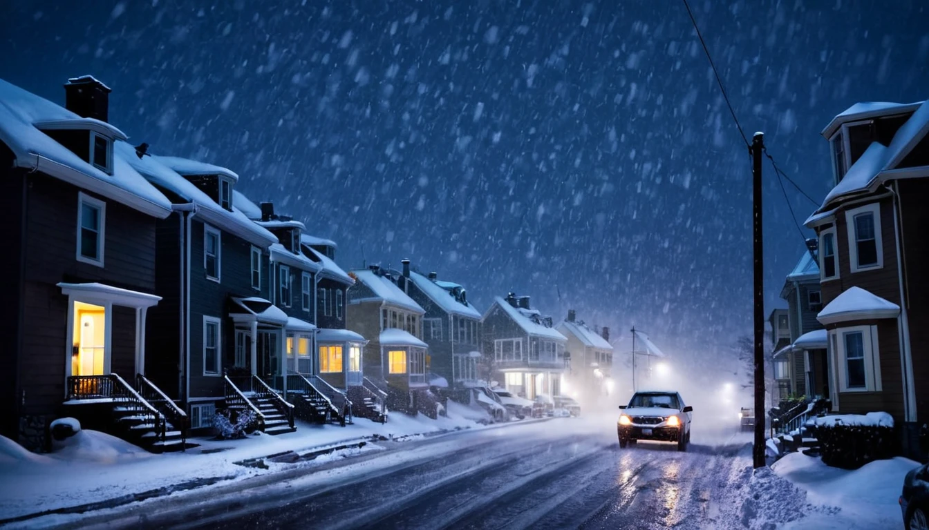 car moving, street with several, houses, blizzard, falling snow, dark night, ominous