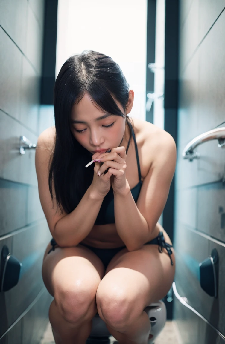 Wearing a small bikini,thong,Squats with open thighs on the toilet,Happily sucking on the popsicle,Hold head with hands