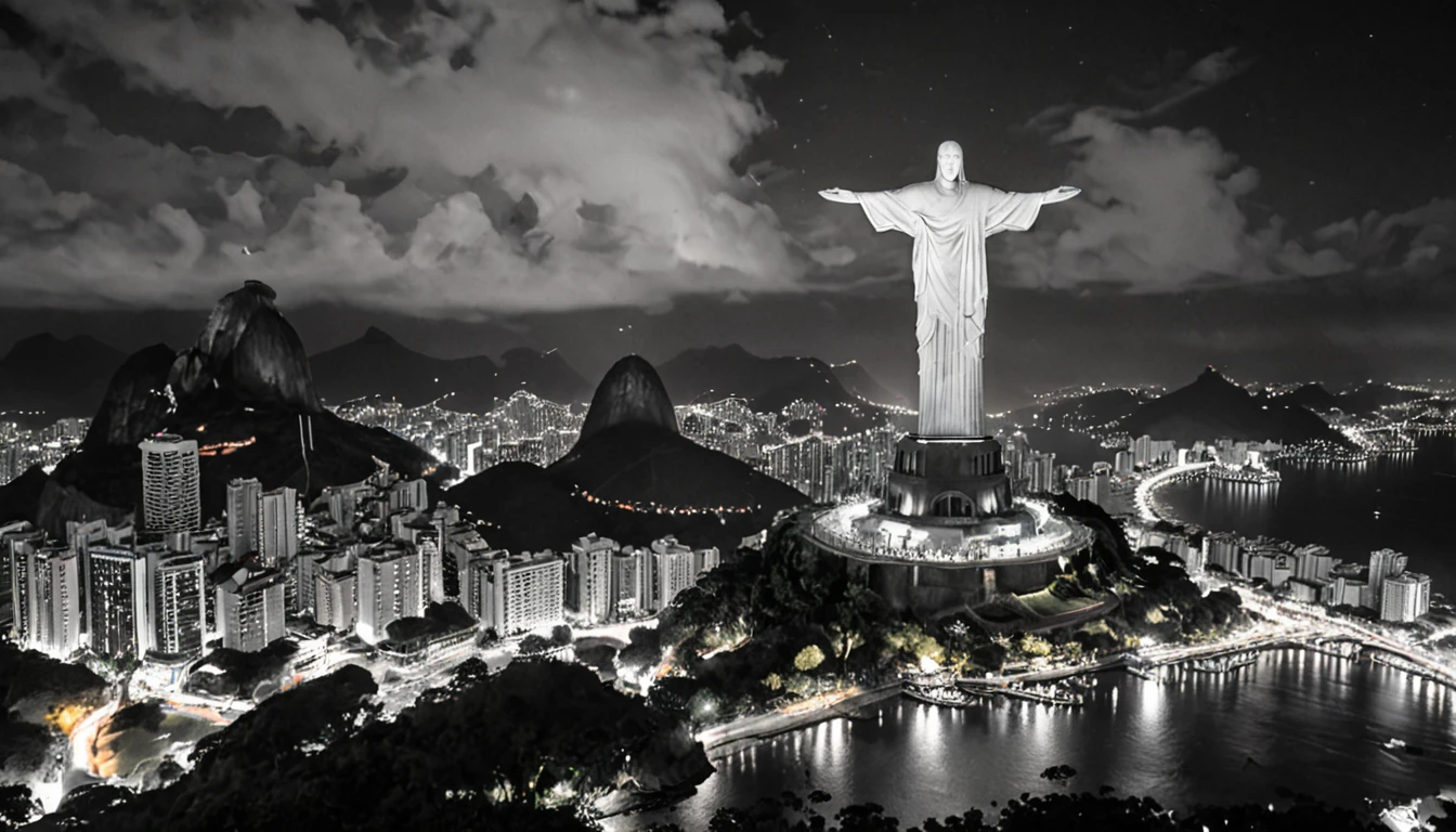 Reality,4K,8K, Vibrant and colorful night scenery ,Brazil,Rio de Janeiro,Christ the Redeemer ,grayscale