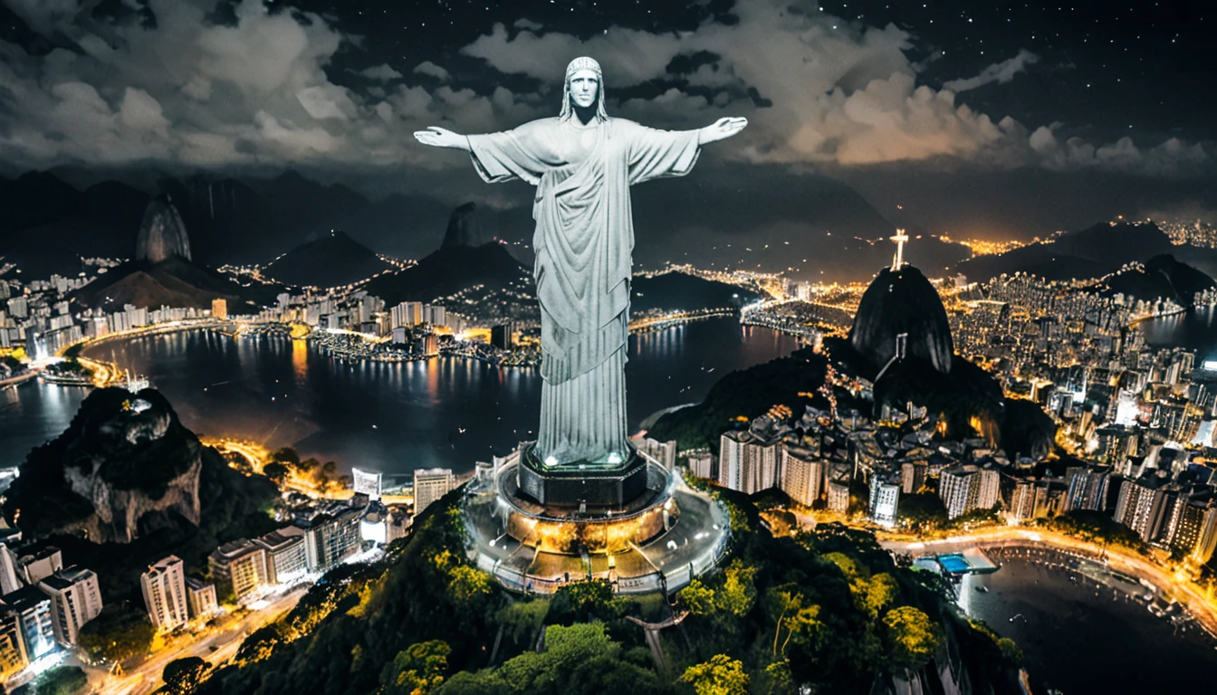Reality,4K,8K, Vibrant and colorful night scenery ,Brazil,Rio de Janeiro,Christ the Redeemer ,grayscale