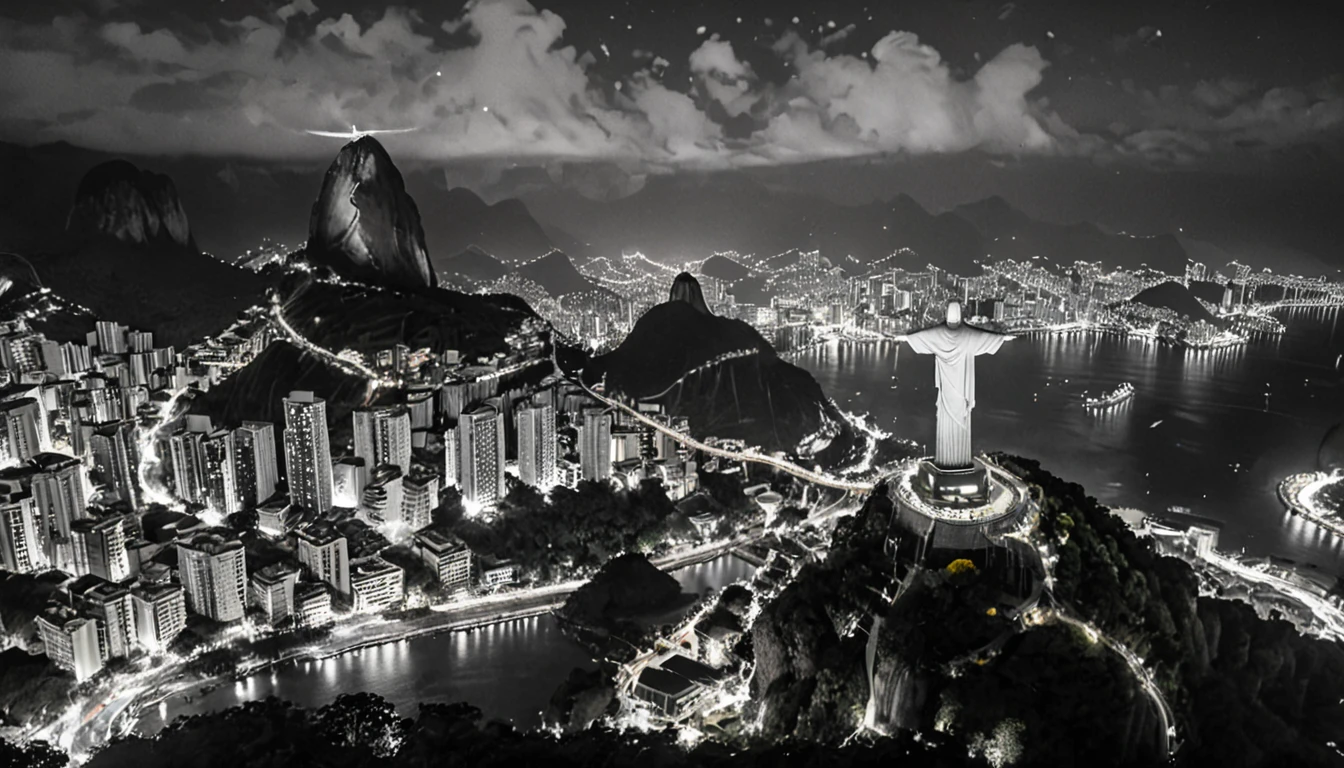 Reality,4K,8K, Vibrant and colorful night scenery ,Brazil,Rio de Janeiro,Christ the Redeemer ,grayscale