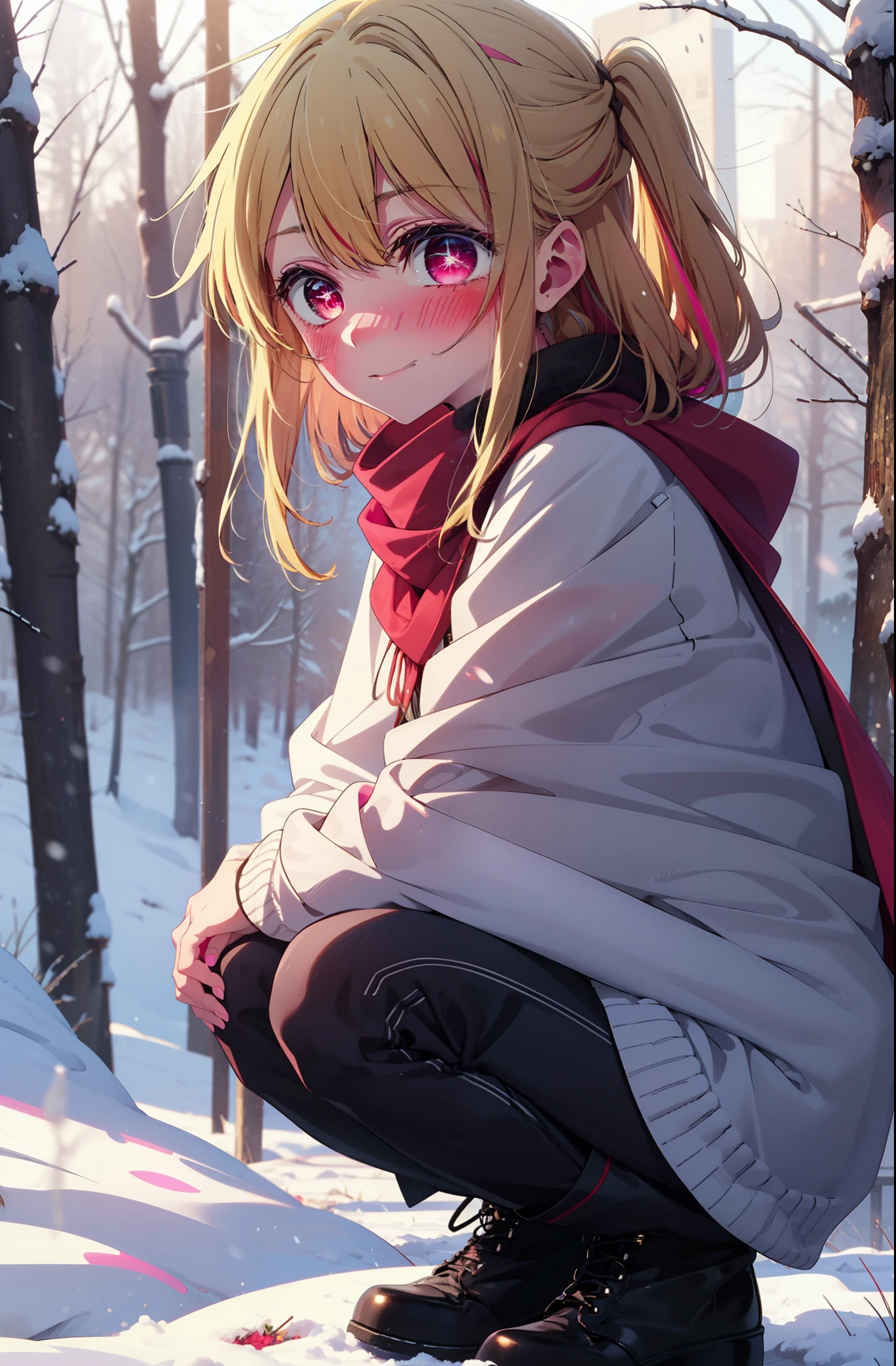 rubyhoshino, Hoshino Ruby, Long Hair, bangs, Blonde, (Pink Eyes:1.3), Side Lock, (Symbol-shaped pupil:1.5), Multicolored Hair, Two-tone hair, smile,,smile,blush,White Breath,
Open your mouth,snow,Ground bonfire, Outdoor, boots, snowing, From the side, wood, suitcase, Cape, Blurred, , forest, White handbag, nature,  Squat, Mouth closed, Cape, winter, Written boundary depth, Black shoes, red Cape break looking at viewer, Upper Body, whole body, break Outdoor, forest, nature, break (masterpiece:1.2), Highest quality, High resolution, unity 8k wallpaper, (shape:0.8), (Beautiful and beautiful eyes:1.6), Highly detailed face, Perfect lighting, Highly detailed CG, (Perfect hands, Perfect Anatomy),