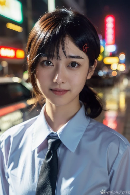 masterpiece, best quality, ultra-detailed, illustration, epic lighting, cinematic composition, isometric, 1girl , 独奏, cute, brown eyes, black hair, swept bangs, single sidelock, red hairclip, white collared shirt, black necktie, black pants, formal, enchanting gaze, captivating pose,looking at viewer, peeking out upper body, blush, smile, closed mouth,(8K:1.1),, Black Hair,violent storm background,Endless rain) ,Japan Streets,Neon glow,night