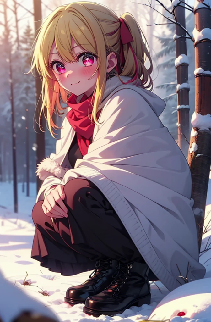 rubyhoshino, Hoshino Ruby, Long Hair, bangs, Blonde, (Pink Eyes:1.3), Side Lock, (Symbol-shaped pupil:1.5), Multicolored Hair, Two-tone hair, smile,,smile,blush,White Breath,
Open your mouth,snow,Ground bonfire, Outdoor, boots, snowing, From the side, wood, suitcase, Cape, Blurred, , forest, White handbag, nature, Squat, Mouth closed, Cape, winter, Written boundary depth, Black shoes, red Cape break looking at viewer, Upper Body, whole body, break Outdoor, forest, nature, break (masterpiece:1.2), Highest quality, High resolution, unity 8k wallpaper, (shape:0.8), (Beautiful and beautiful eyes:1.6), Highly detailed face, Perfect lighting, Highly detailed CG, (Perfect hands, Perfect Anatomy),