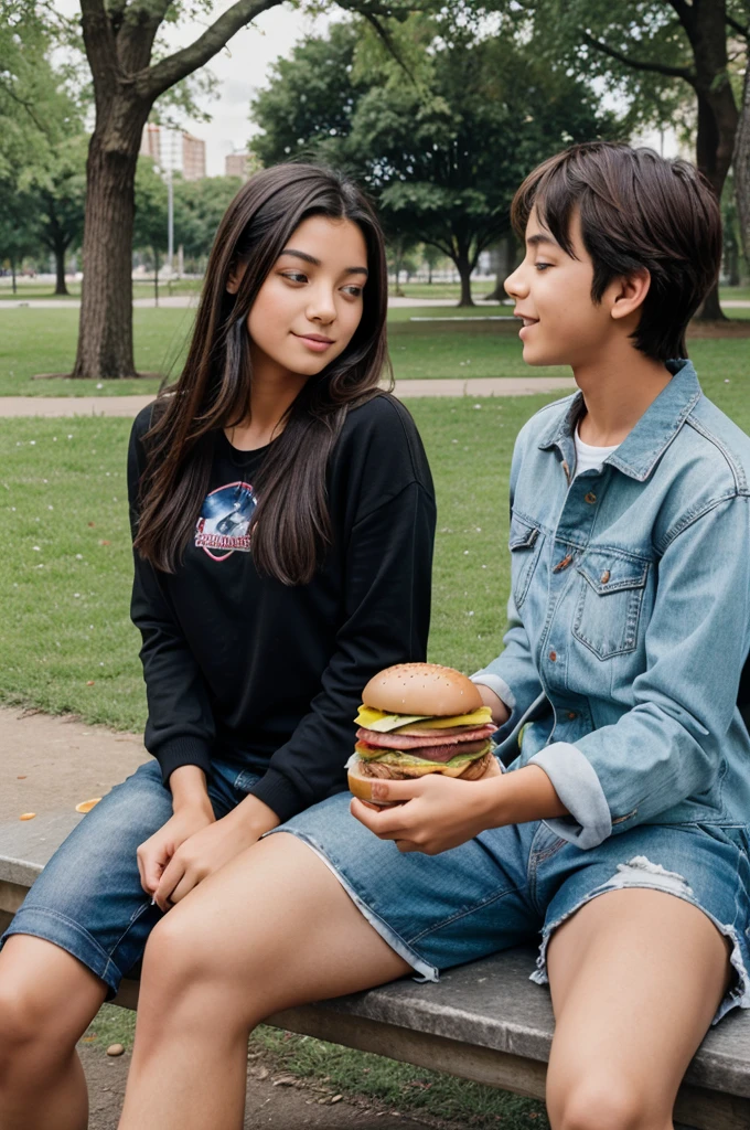 A boy sitting in the galaxy and eating burger with his girlfriends in the park
