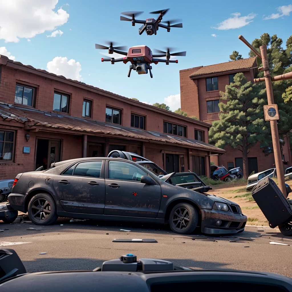 An armed drone flies over a car wreck. 
