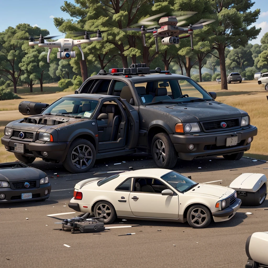An armed drone flies over a car wreck.