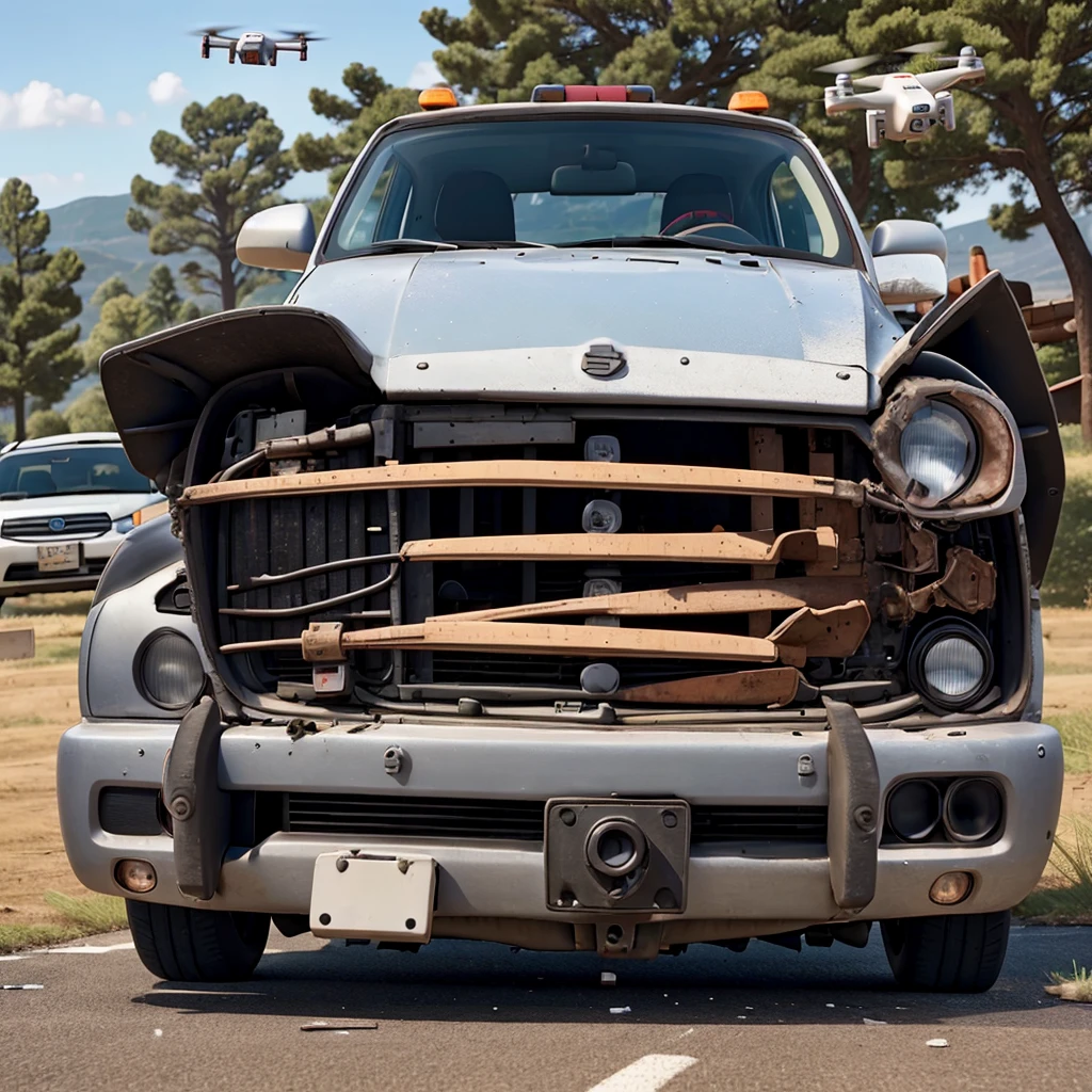 An armed drone flies over a car wreck.