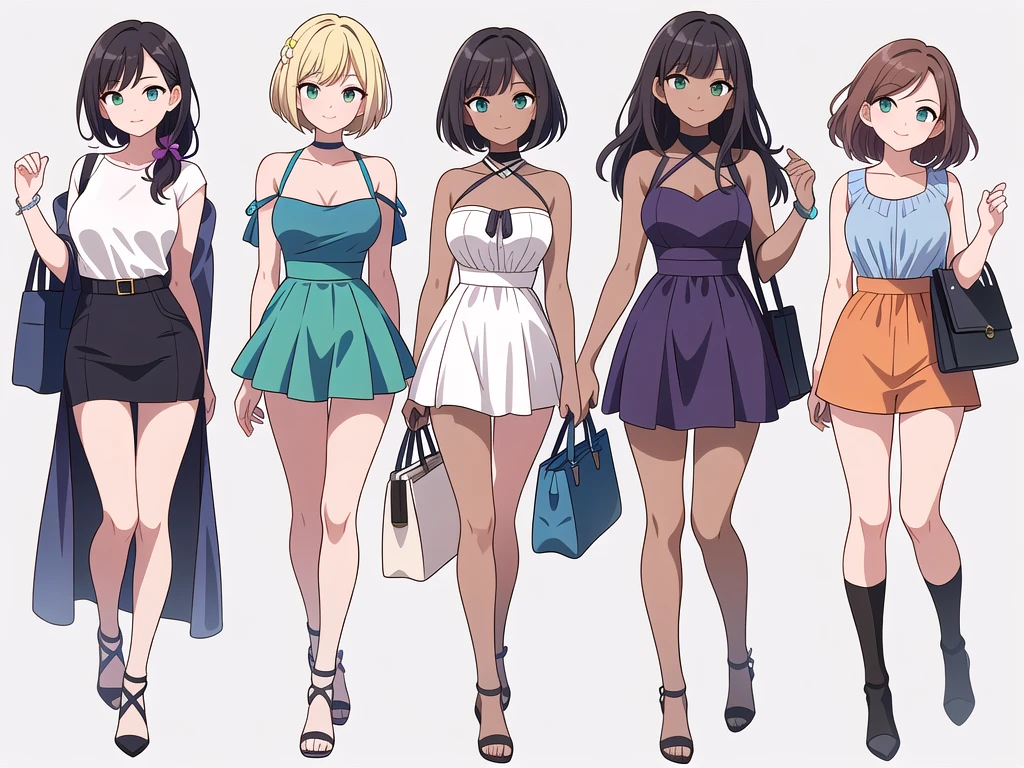 (((Best Quality))) , ((full body)), 4 lady, adult woman, multiple views, (((white background,))) variety of hairstyles, variety of fashion styles, seductive pose, fashionable and trendy atmosphere, holding bag, summer outfits, walk pose, dark blue/dark orange/dark green/dark violet/brown/white, short shorts, cleavage,
