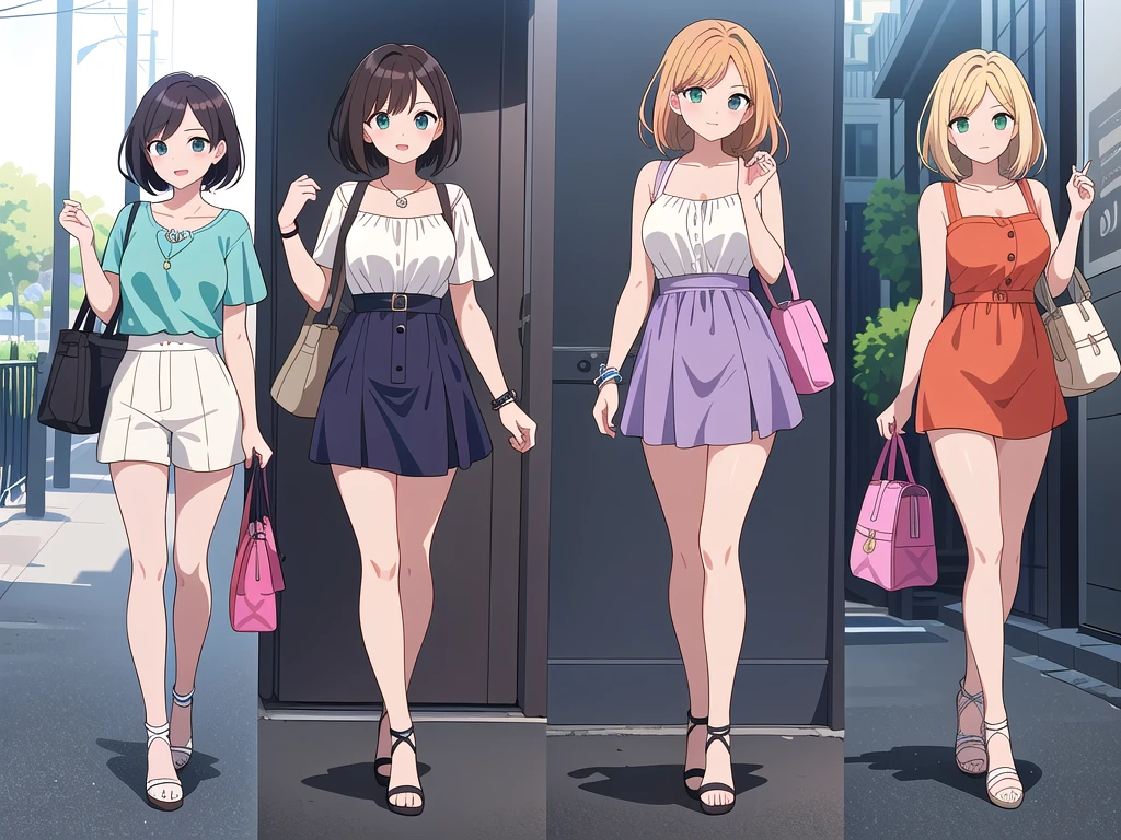 (((Best Quality))) , ((full body)), 4 lady, adult woman, multiple views, white background, variety of hairstyles, variety of fashion styles, seductive pose, fashionable and trendy atmosphere, holding bag, summer outfits, walk pose, dark blue/dark orange/dark green/dark violet/brown/white, short shorts,