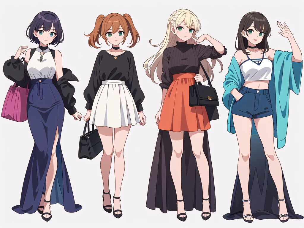 (((Best Quality))) , ((full body)), 4 lady, adult woman, multiple views, white background, variety of hairstyles, variety of fashion styles, seductive pose, fashionable and trendy atmosphere, holding bag, summer outfits, walk pose, dark blue/dark orange/dark green/dark violet/brown/white, short shorts,