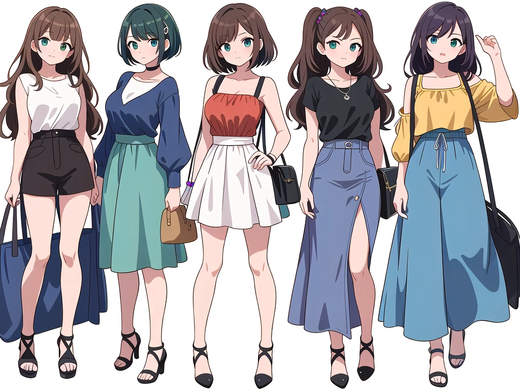 (((Best Quality))) , ((full body)), 4 lady, adult woman, multiple views, white background, variety of hairstyles, variety of fashion styles, seductive pose, fashionable and trendy atmosphere, holding bag, summer outfits, walk pose, dark blue/dark orange/dark green/dark violet/brown/white, short shorts,
