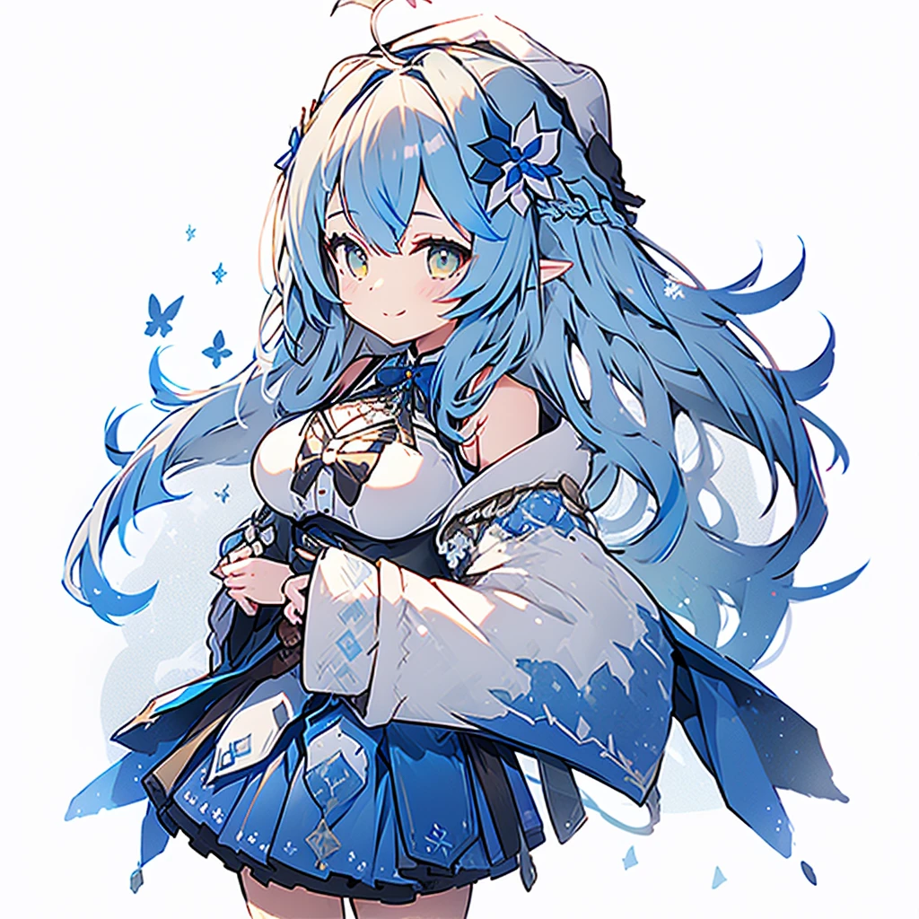 masterpiece, best quality, highres, 1girl, aalamy, long hair, streaked hair, ahoge, braid, beret, white headwear, hair flower, blue bowtie, cleavage, clothing cutout, white  shoulder, sleeveless, black corset, blue coat, snowflake print, fur-trimmed coat, , white thighhighs, brown belt, blue skirt, cowboy shot, standing, smile, outdoors,