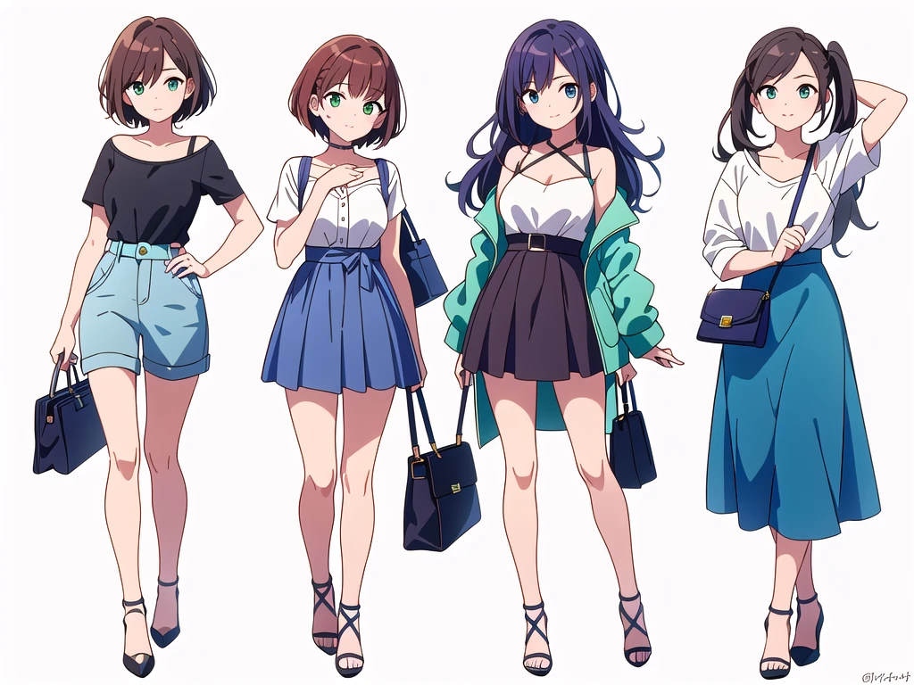 (((Best Quality))) , ((full body)), 4 lady, adult woman, multiple views, white background, variety of hairstyles, variety of fashion styles, seductive pose, fashionable and trendy atmosphere, holding bag, summer outfits, walk pose, dark blue/dark orange/dark green/dark violet/brown/white, short shorts,