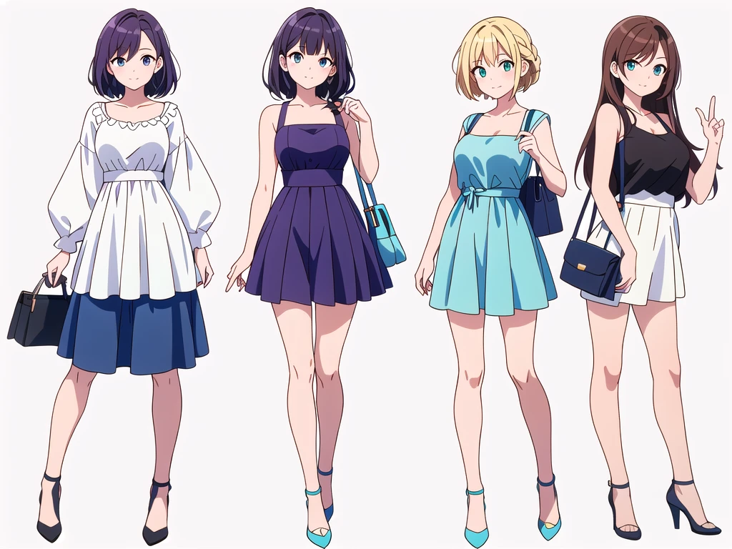 (((Best Quality))) , ((full body)), 4 lady, adult woman, multiple views, white background, variety of hairstyles, variety of fashion styles, seductive pose, fashionable and trendy atmosphere, holding bag, summer outfits, walk pose, dark blue/dark orange/dark green/dark violet/brown/white, short shorts,
